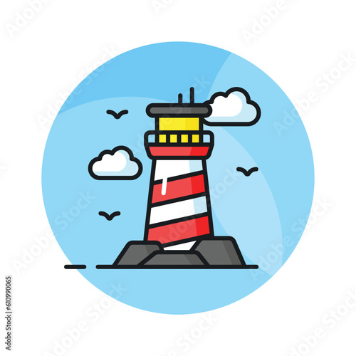 A tower containing a beacon light to warn or guide ships at sea, well designed icon of lighthouse