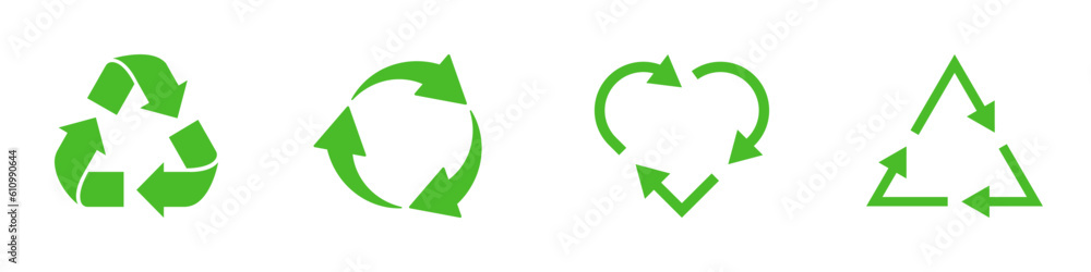 Recycle vector icon set. Arrows, heart and triangle green eco signs. Recycled resources symbols. Vector illustration. Recycle vector icon set. Arrows, heart and triangle green eco signs. Recycled resources symbols. Vector illustration.