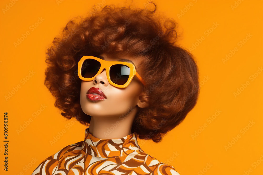 A woman wearing yellow sunglasses and a patterned shirt A woman wearing yellow sunglasses and a patterned shirt