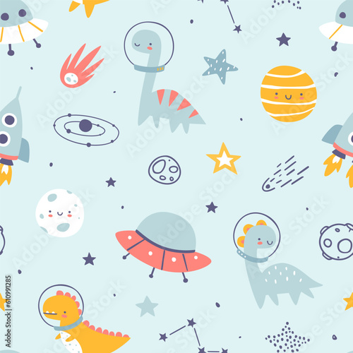 Cute space pattern with dino astronauts. Seamless blue vector cosmic print with dinosaurs for baby boys.