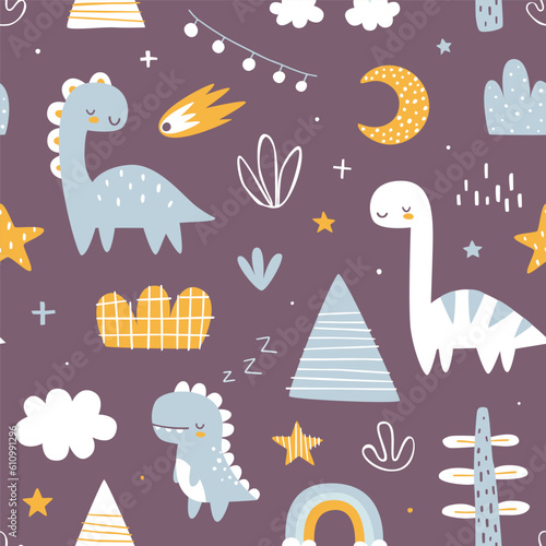 Seamless pattern with sleeping dino. Scandinavian night print with cute dinosaurs for kids bedding and pajamas.