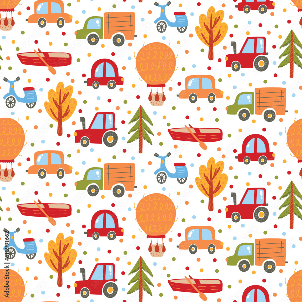 Cute childish cars trees and polka dot festive colorful seamless vector pattern. Vector illustration Cute childish cars trees and polka dot festive colorful seamless vector pattern. Vector illustration