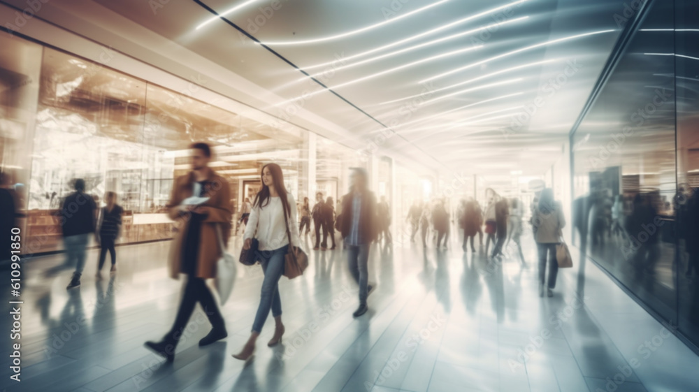 group of people go shopping in fast movement in mall, Generative AI. group of people go shopping in fast movement in mall, Generative AI.