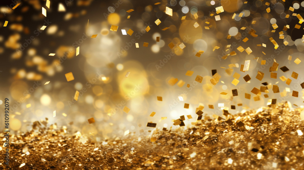 Golden abstract luxury background with a confetti, sparkles and blur