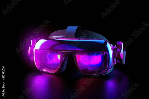 VR goggles. Metaverse. Future game and entertainment digital technology. VR virtual reality glasses on dark background. neon light. Generative AI