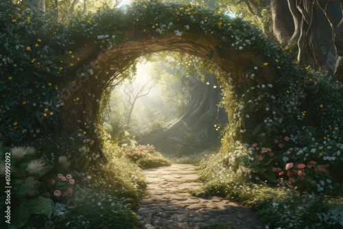 Arch of flowers in a fairy forest. AI generative.