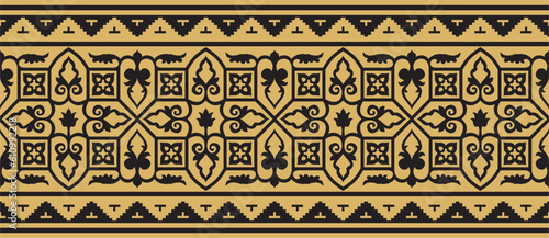 Vector golden seamless Byzantine border, frame. Endless Greek pattern, Drawing of the Eastern Roman Empire. Decoration of the Russian Orthodox Church..