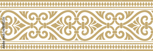 Vector golden seamless ornament of ancient Greece. Classic Endless pattern frame border Roman Empire..