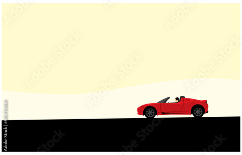A long trip. Roadtrip. A girl driving a red cabriolet. Red roadster.