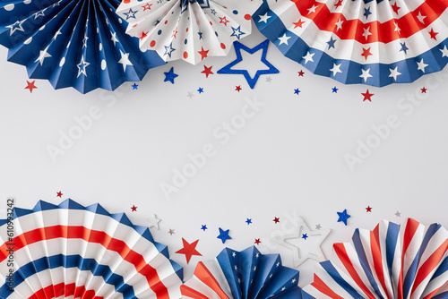 Get set for a festive Fourth of July gathering. Top view flat lay of national paper accessories, star-shaped confetti on white background with empty space for text or message