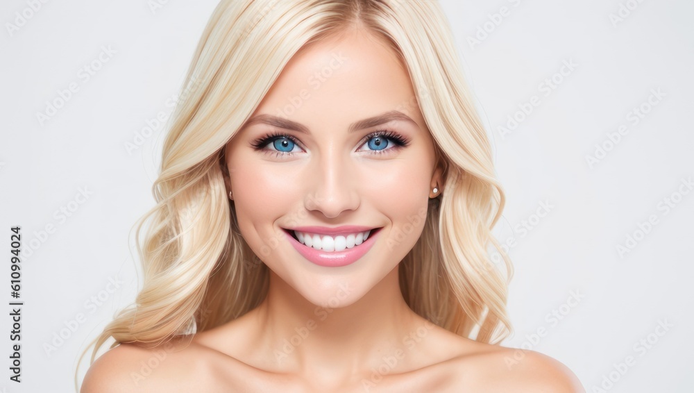 Portrait beautiful blonde model woman with white teeth smile, healthy long hair and beauty skin on light background. Concept of advertising dentist and facial care. Generative AI Portrait beautiful blonde model woman with white teeth smile, healthy long hair and beauty skin on light background. Concept of advertising dentist and facial care. Generative AI