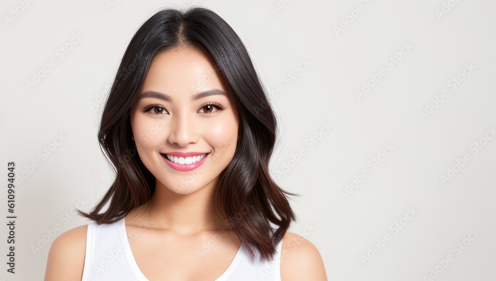 Portrait beautiful brunette Asian model woman with white teeth smile, healthy long hair and beauty skin on light background. Concept of advertising dentist and facial care. Generative AI Portrait beautiful brunette Asian model woman with white teeth smile, healthy long hair and beauty skin on light background. Concept of advertising dentist and facial care. Generative AI