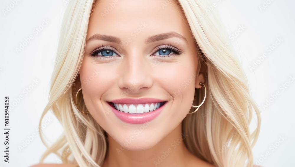 Portrait beautiful blonde model woman with white teeth smile, healthy long hair and beauty skin on light background. Concept of advertising dentist and facial care. Generative AI Portrait beautiful blonde model woman with white teeth smile, healthy long hair and beauty skin on light background. Concept of advertising dentist and facial care. Generative AI