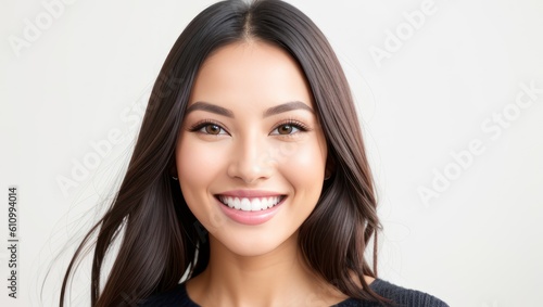 Portrait beautiful brunette model woman with white teeth smile, healthy long hair and beauty skin on light background. Concept of advertising dentist and facial care. Generative AI
