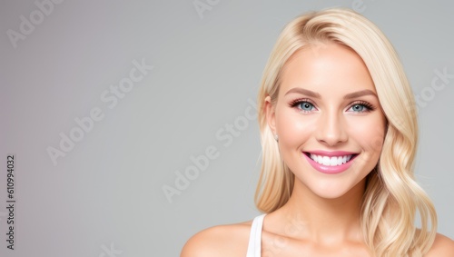 Portrait beautiful blonde model woman with white teeth smile, healthy long hair and beauty skin on grey background. Concept of advertising dentist and facial care. Generative AI