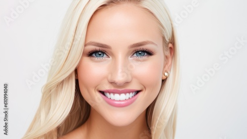 Portrait beautiful blonde model woman with white teeth smile, healthy long hair and beauty skin on light background. Concept of advertising dentist and facial care. Generative AI