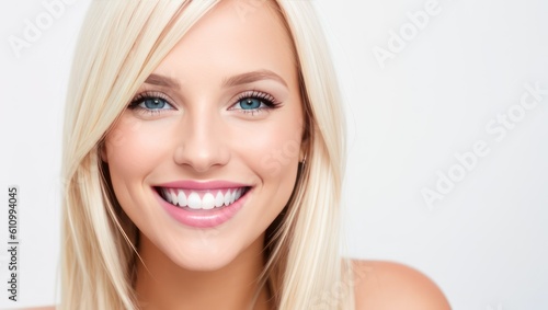 Portrait beautiful blonde model woman with white teeth smile, healthy long hair and beauty skin on light background. Concept of advertising dentist and facial care. Generative AI