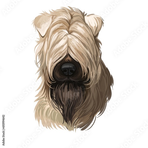 Soft coated wheaten terrier with long haired coat digital art. Closeup of watercolor portrait of pet with furry muzzle, hand drawn canine