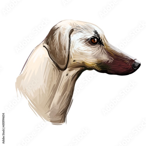 Sloughi dog hound originated from Africa digital art. Watercolor portrait of African pet with short haired coat, doggy with smooth fur and long muzzle photo