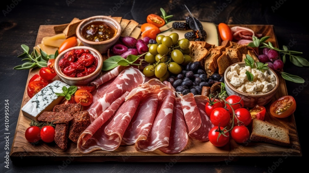 Wooden board with cold cuts, sausage, cheese, olives nd tomatoes for the festive table