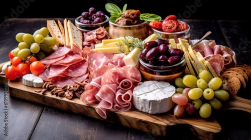 Wooden board with cold cuts, sausage, cheese, olives for the festive table