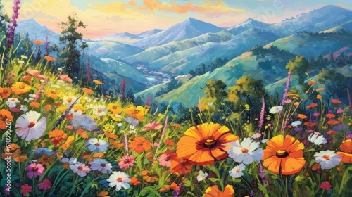 A vibrant array of wildflowers bloom on the background of beautiful mountains