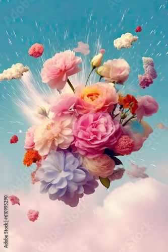 Love heart flowers bouquet explosion in the air. Pastel design background. Generated AI.