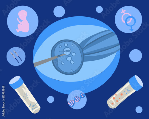 Artificial insemination. In vitro fertilization. Egg freezing. Sperm donation. Egg donation. Sperm freezing. Fertility clinic. Vector isolated illustration of fertilization process. photo