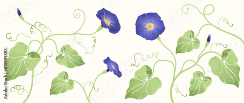 Vector botanical art. Charming blue Ipomoea flowers with green leaves and branches, with watercolor texture. Juicy design Morning glory with flowers for wall decor, print, banner, fabric.