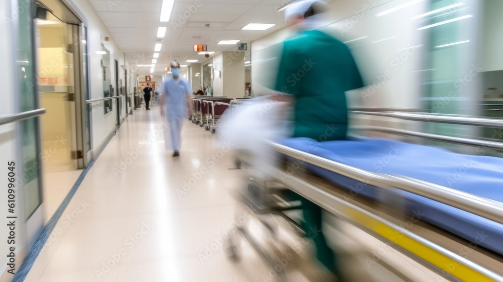 Blurred photo in hospital corridor. Generative AI Blurred photo in hospital corridor. Generative AI