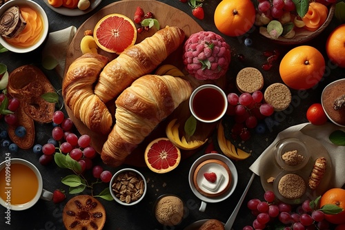 flatlay morning breakfast food background concept, generative ai
