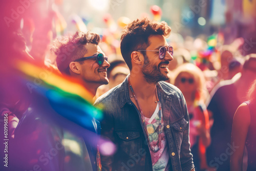 Beautiful smiling gay couple at the pride parade. Rainbow flag at the background. Cinematic light. Realistic illustration made with Generative AI