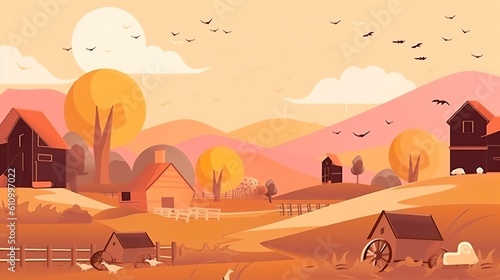 autumn landscape with mountains and house  illustration like background concept  generative ai