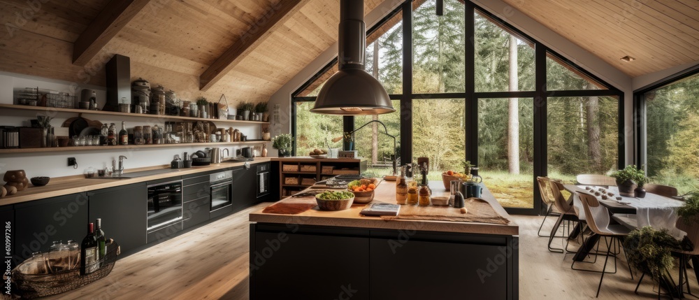 Scandinavian cuisine. Minimalistic and stylish kitchen with modern design. Generative AI Scandinavian cuisine. Minimalistic and stylish kitchen with modern design. Generative AI