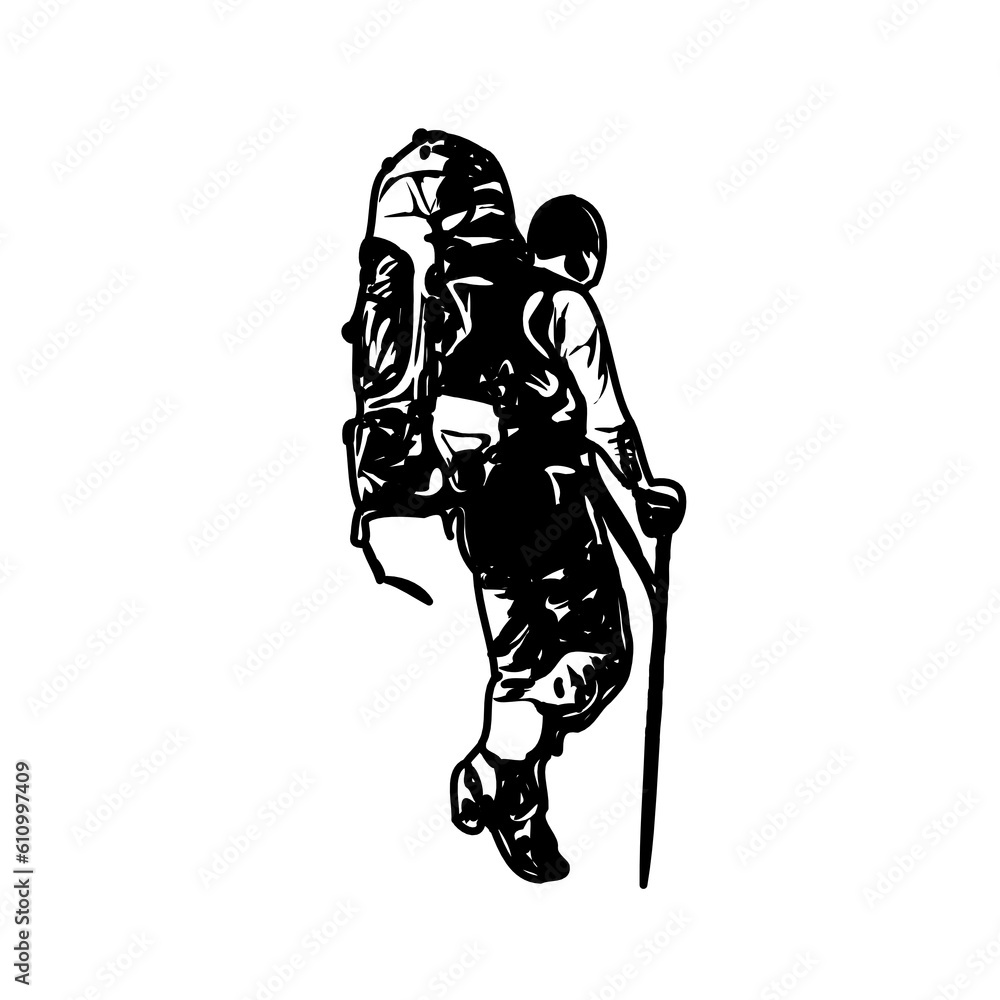 Fototapeta premium Black silhouette sketch of a mountain climber with transparent background