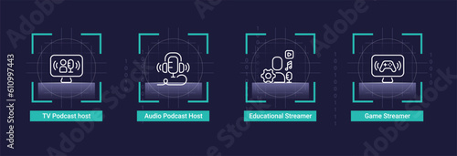 Streamers infographic chart design template. Live streaming. Online podcast. Editable infochart with icons. Instructional graphics with step sequence. Visual data presentation. Roboto font used