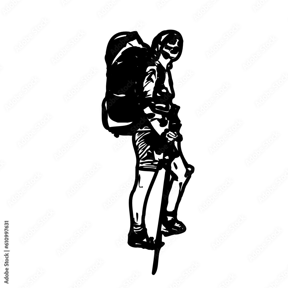 Black silhouette sketch of a mountain climber with transparent background