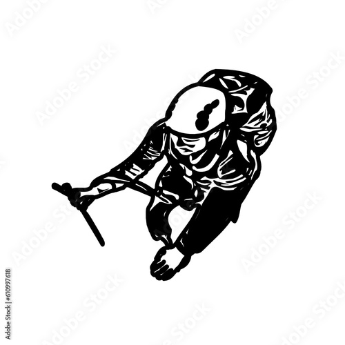 Black silhouette sketch of a mountain climber with transparent background