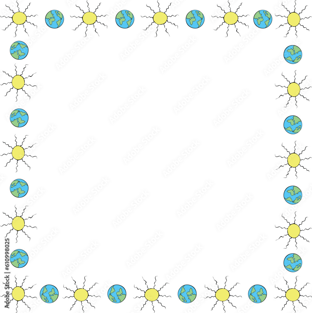 Vector square frame, border from the Earth and the Sun in doodle flat style. Bright background, decoration on theme of space, astronomy, kids design