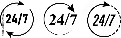 24 hours 7 days black icons collection on white background. 24-7 icon vector. 24 hour service clock.
