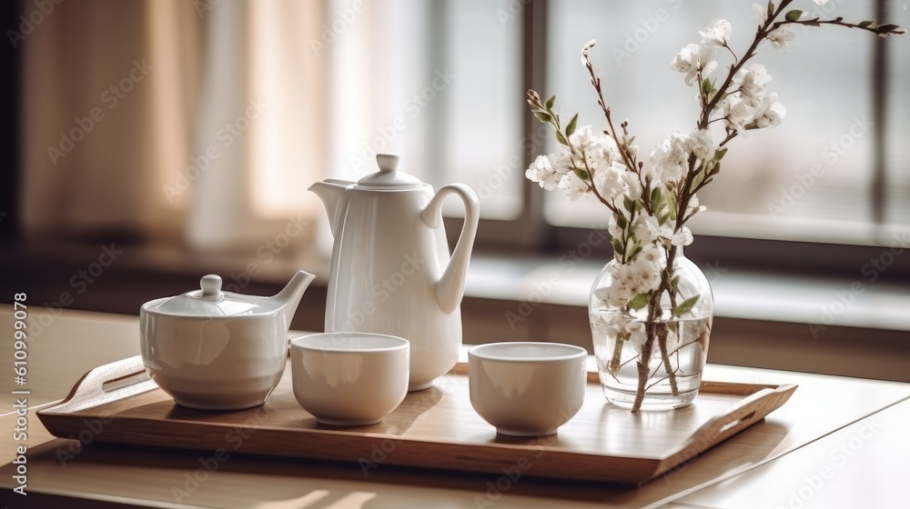 White teaware on a tray. Concept of minimalism. Generative AI