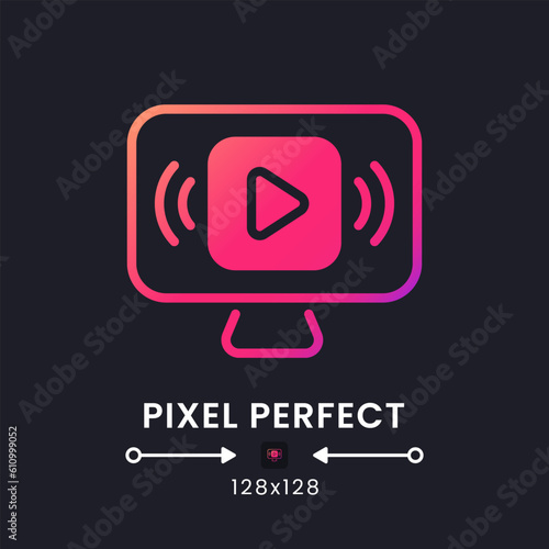 Live streaming pink solid gradient desktop icon on black. Internet video. Media player software. Pixel perfect 128x128, outline 4px. Glyph pictogram for dark mode. Isolated vector image