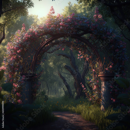 Arch of flowers in a fairy garden. AI generative.