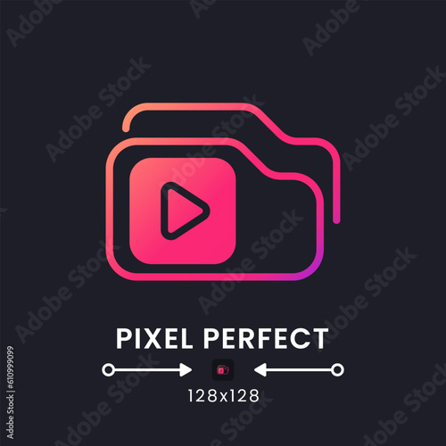Video playlist pink solid gradient desktop icon on black. Streaming service. Pre-recorded content. Pixel perfect 128x128, outline 4px. Glyph pictogram for dark mode. Isolated vector image