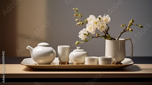 White teaware on a tray. Concept of minimalism. Generative AI