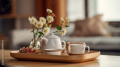 White teaware on a tray. Concept of minimalism. Generative AI