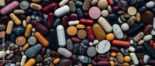 Assortment of pills of different types on the background. Generative AI
