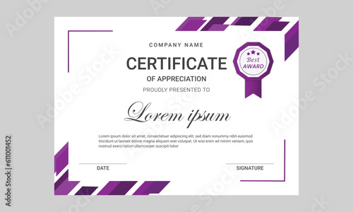 Creative certificate design template, fully editable, simple, purple color