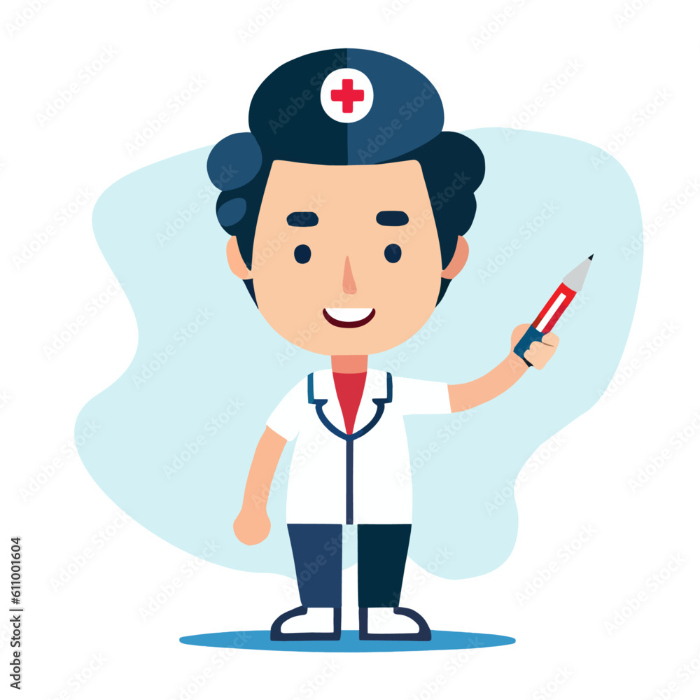 Nurse man with pen showing results. Doctor illustration pointing on, doctor in uniform, cute cartoon vector design Nurse man with pen showing results. Doctor illustration pointing on, doctor in uniform, cute cartoon vector design
