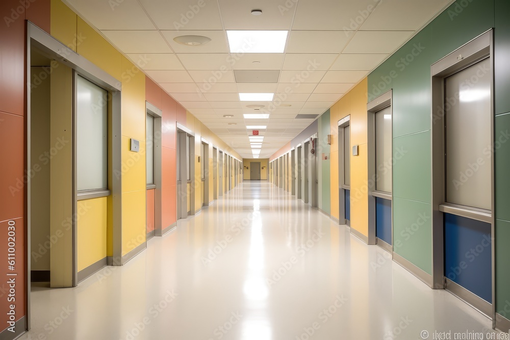 Hospital corridor with colored pastel walls and doors. Generative AI